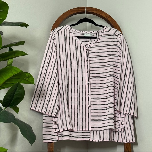 Habitat Tops - Habitat LARGE Pink Black Stripe Boxy Square Button Lagenlook Blouse Top